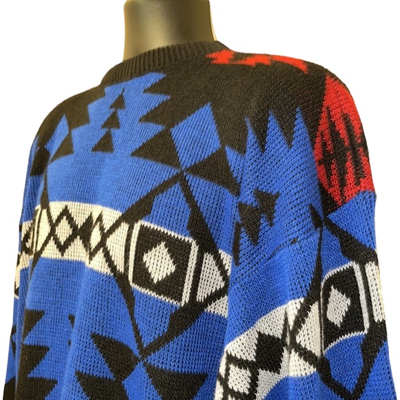 Vintage 80s/90s Geometric Print Grandpa Sweater by American Weekend~Unisex~XL - Picture 1 of 7